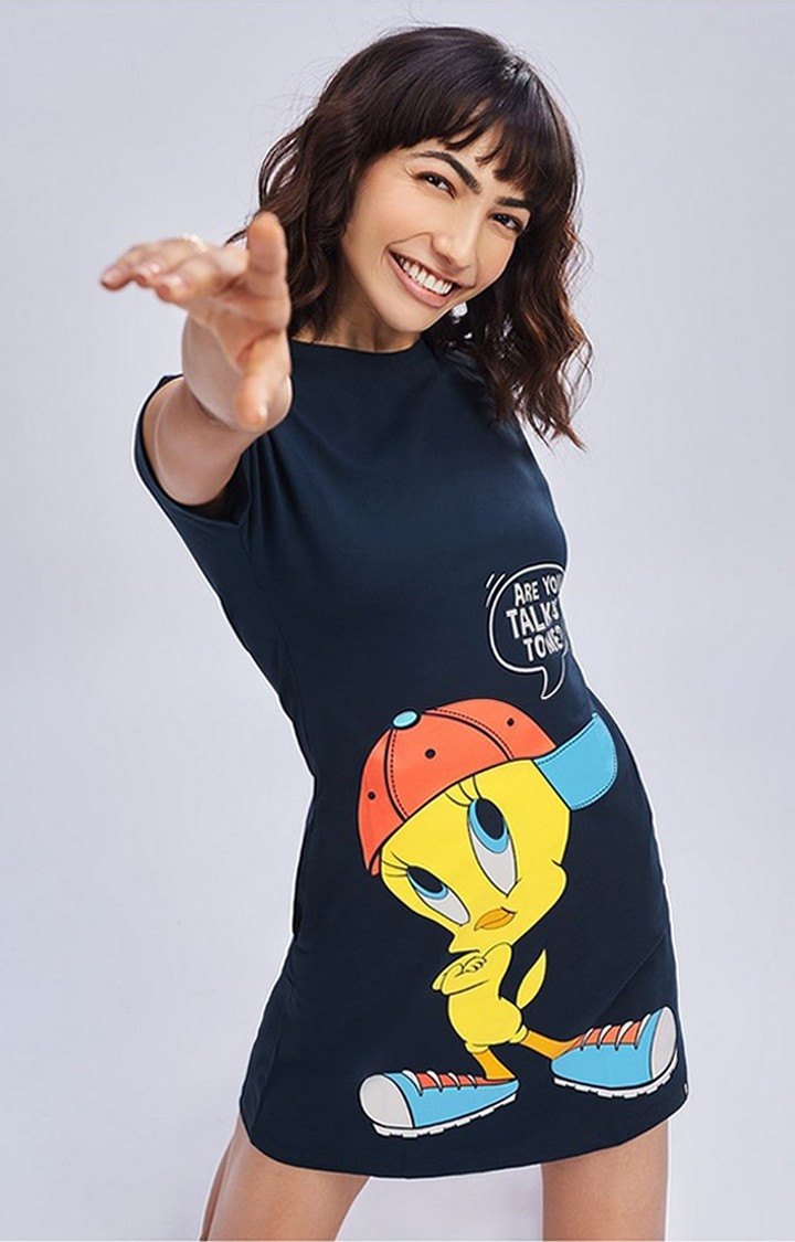 Women's Looney Tunes: Talking To Me Blue Printed Shift Dress