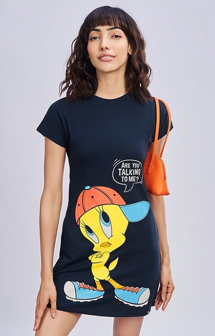 Women s Looney Tunes Talking To Me Blue Printed Shift Dress