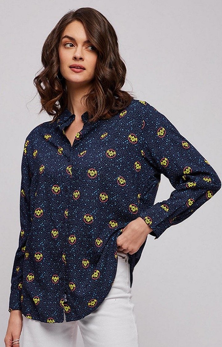 Women's Captain Marvel Blue Printed Oversized Shirt