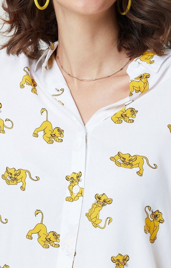 Women's The Lion King: Simba Pattern White Printed Oversized Shirt