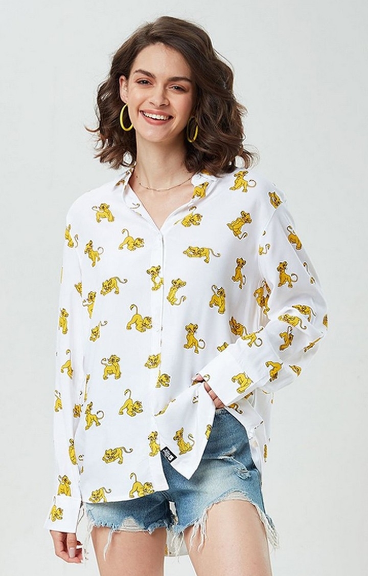 The Souled Store | Women's The Lion King: Simba Pattern White Printed Oversized Shirt