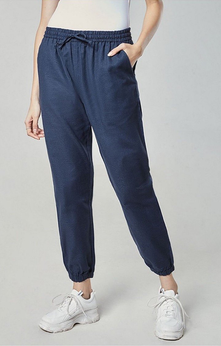 Women's  Navy Blue Cotton Solid Joggers