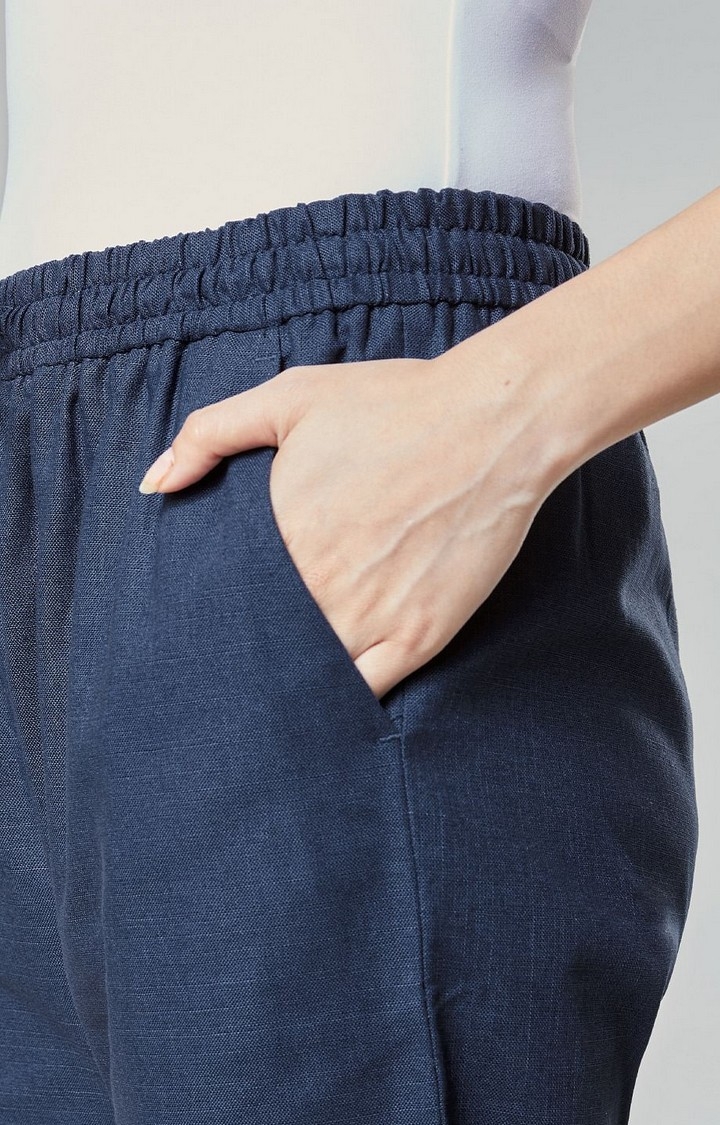 Women's  Navy Blue Cotton Solid Joggers