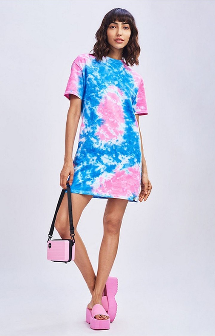 Women's Unicorn Blue & Pink Tie Dye Printed Shift Dress