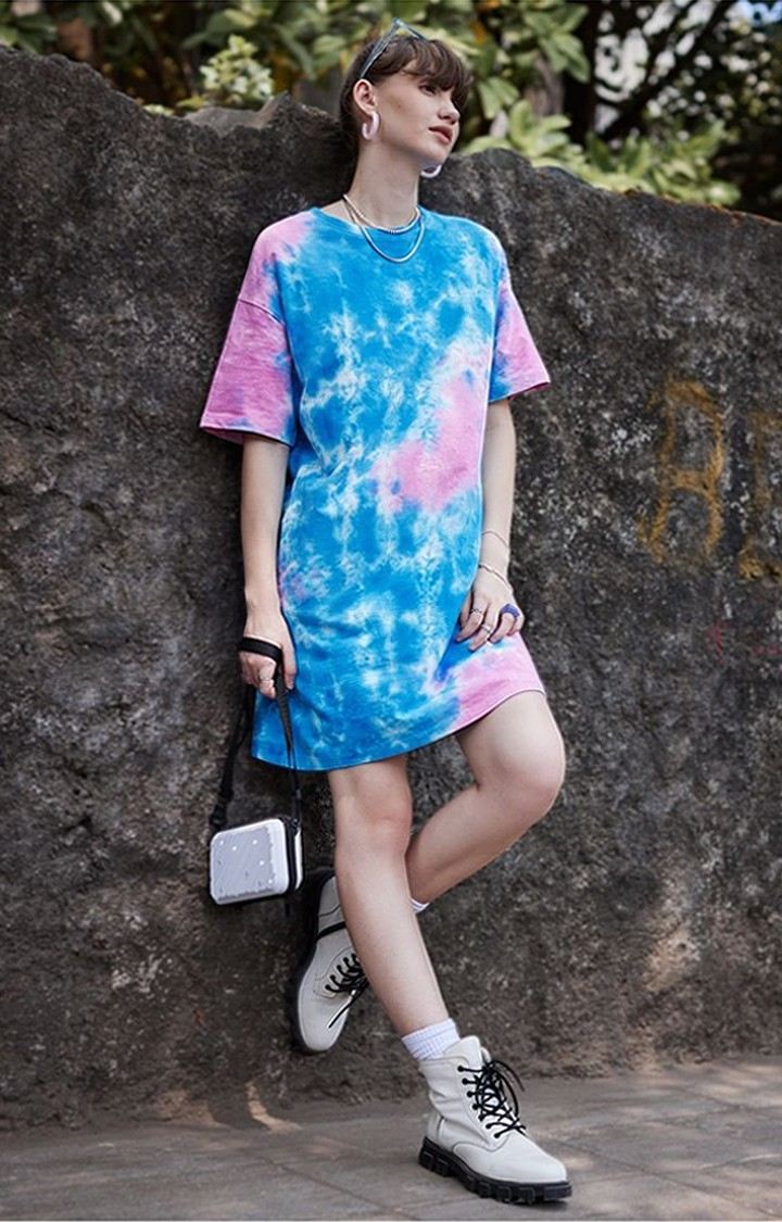Women's Unicorn Blue & Pink Tie Dye Printed Shift Dress