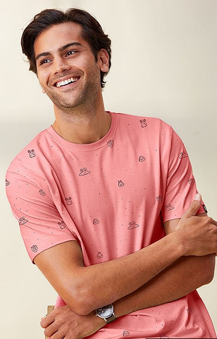 Men's Pink Printed Regular T-Shirt