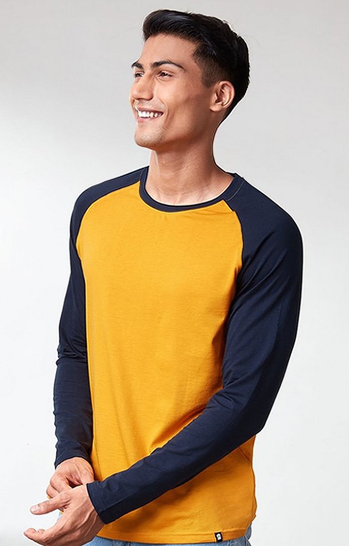 Men's Mustard Yellow & Blue Solid Regular T-Shirt