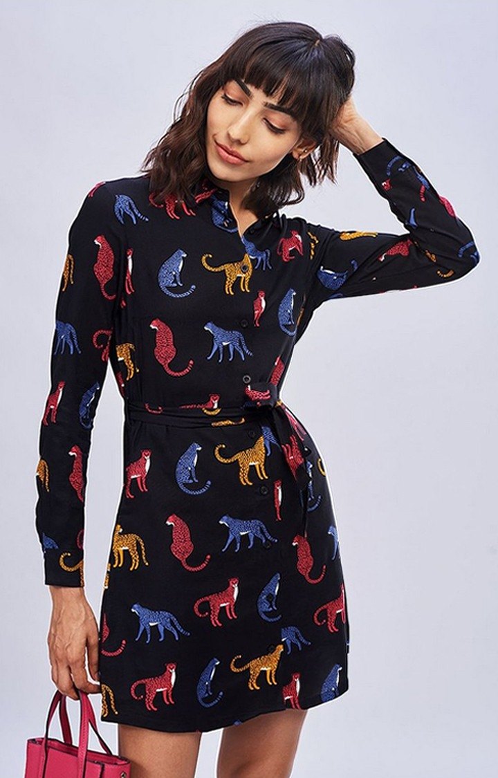 Women's Leopard Black Printed Shift Dress