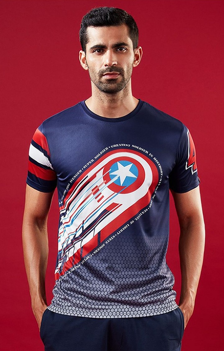 The Souled Store | Men's Captain America: Shield Blue Printed Regular T-Shirt