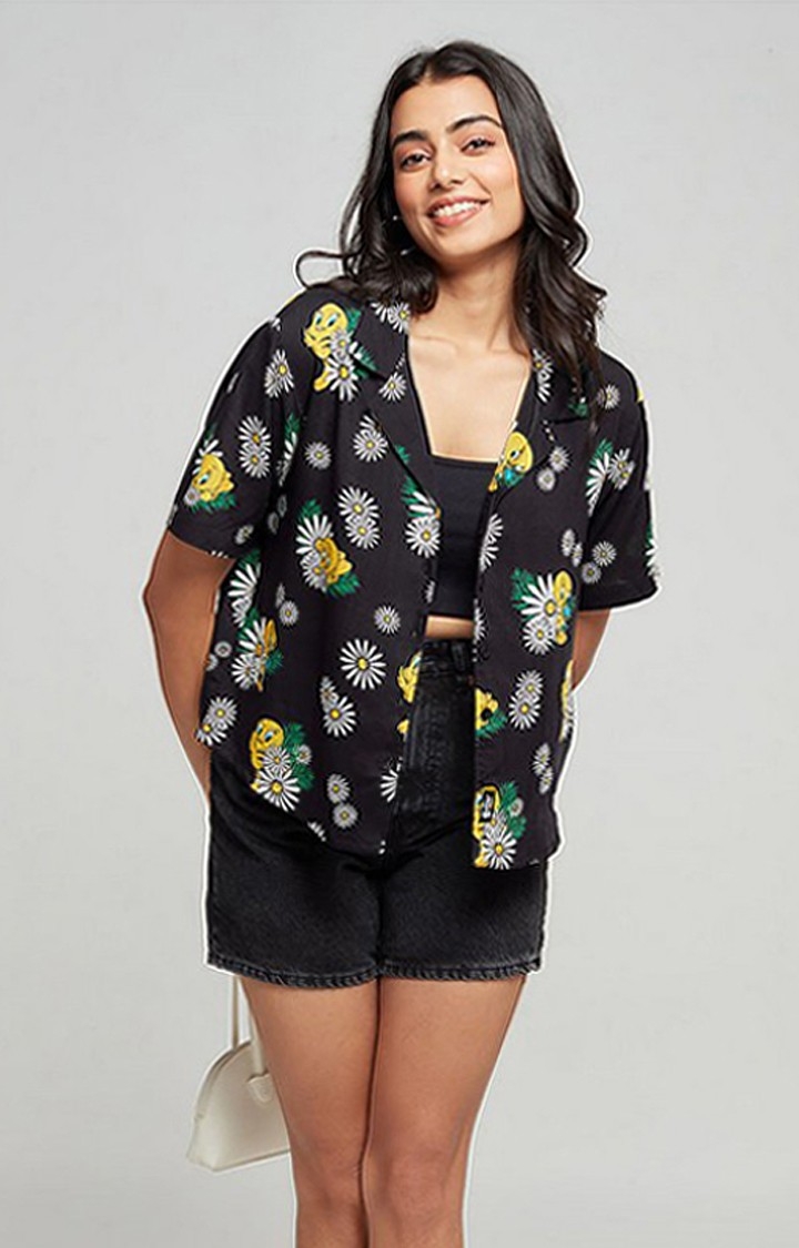 Women's Tweety: Tropical Vibes Black Floral Printed Oversized Shirt