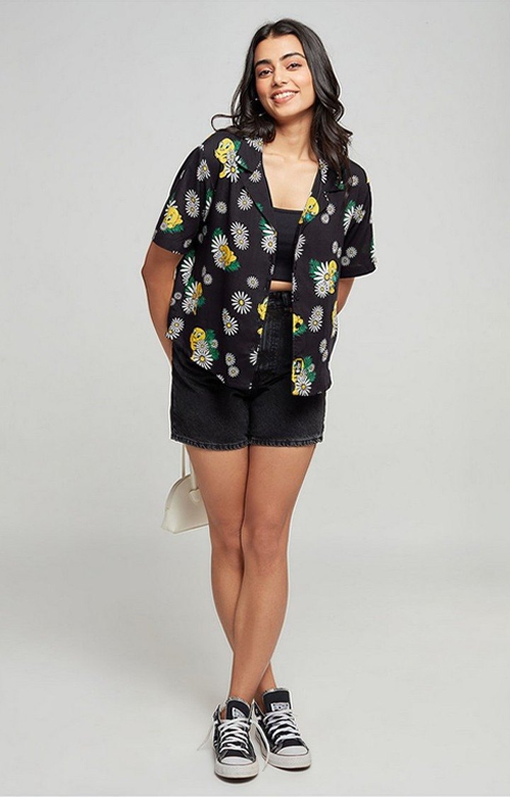 Women's Tweety: Tropical Vibes Black Floral Printed Oversized Shirt