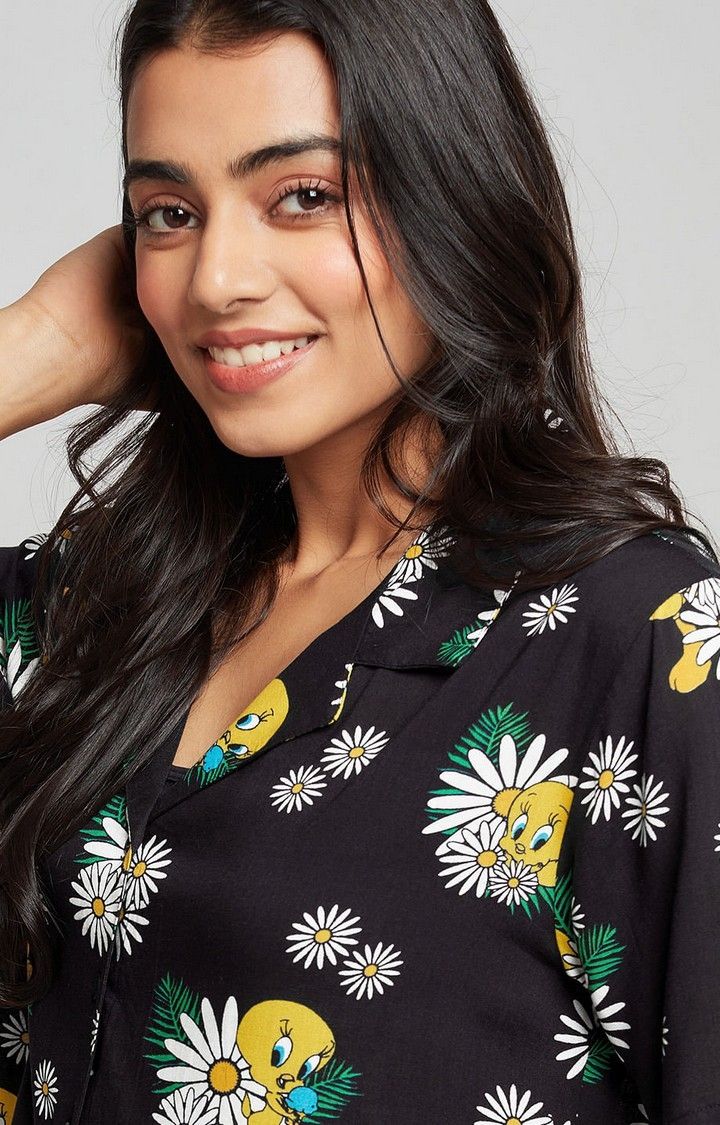 Women's Tweety: Tropical Vibes Black Floral Printed Oversized Shirt