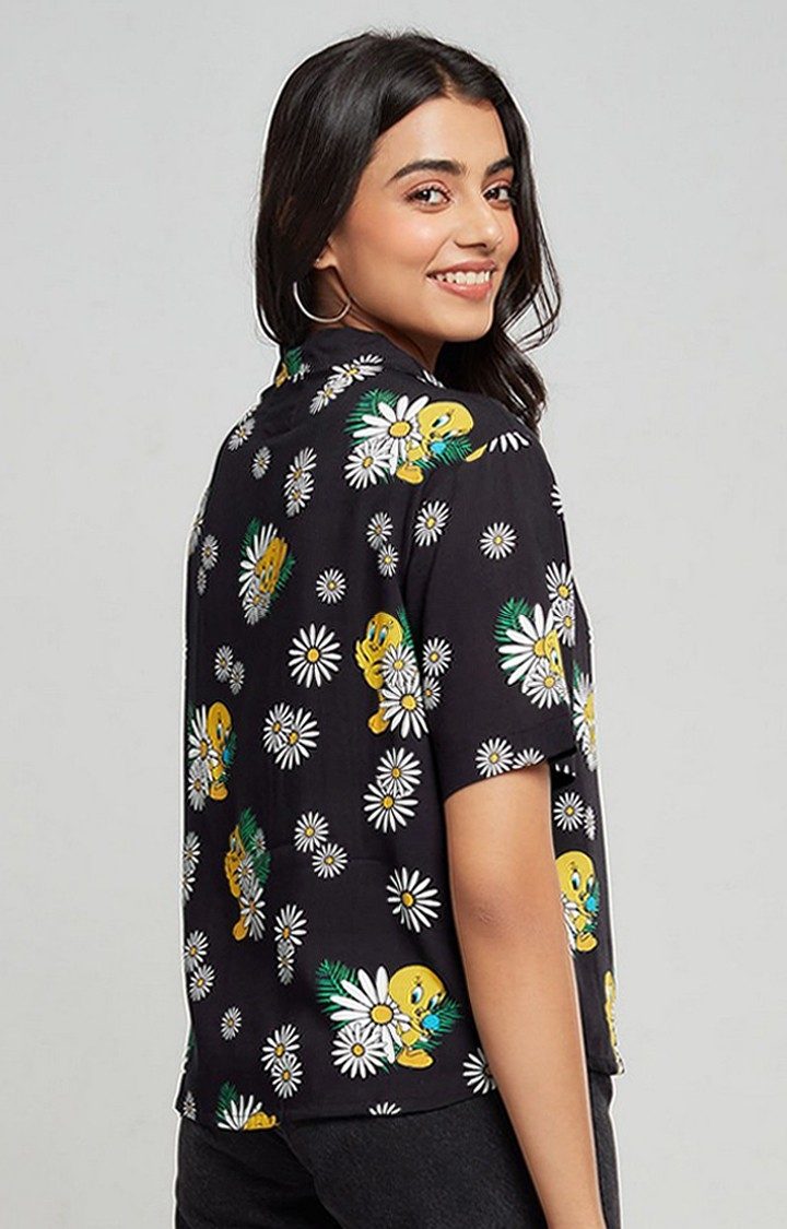 Women's Tweety: Tropical Vibes Black Floral Printed Oversized Shirt