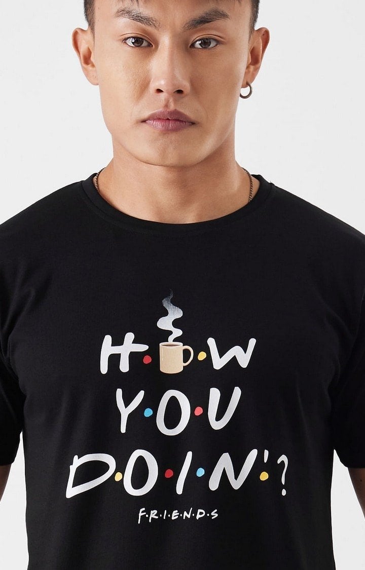Men's F.R.I.E.N.D.S: How You Doin Black Typographic Printed Regular T-Shirt