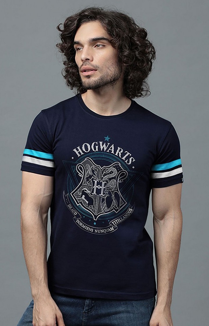 Men's Harry Potter: Hogwarts Insignia Blue Printed Regular T-Shirt