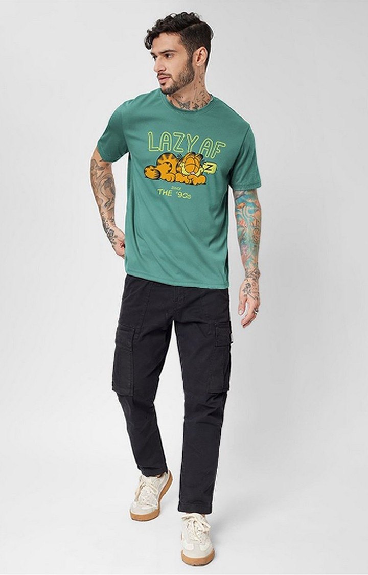 Men's Garfield: Lazy AF Green Printed Regular T-Shirt