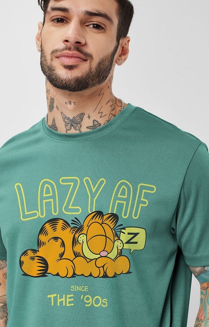Men's Garfield: Lazy AF Green Printed Regular T-Shirt