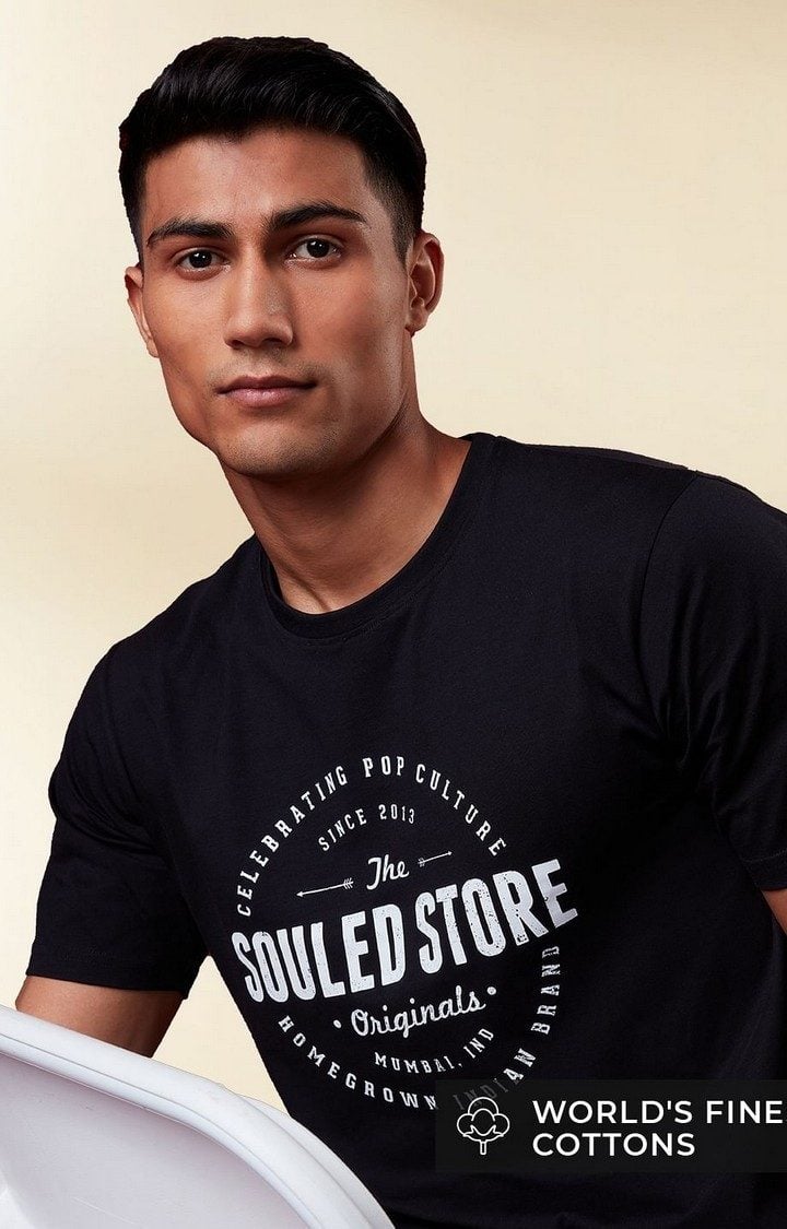Men's Black Typographic Printed Regular T-Shirt