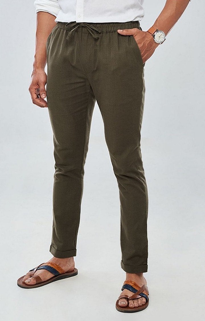 Men's  Bottle Green Cotton Solid Casual Pant