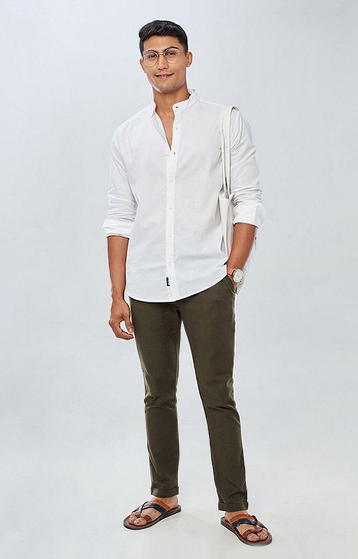 Men's  Bottle Green Cotton Solid Casual Pant