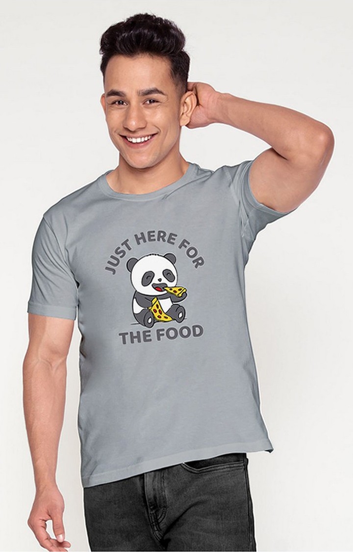 Men's Here For The Food Grey Printed Regular T-Shirt