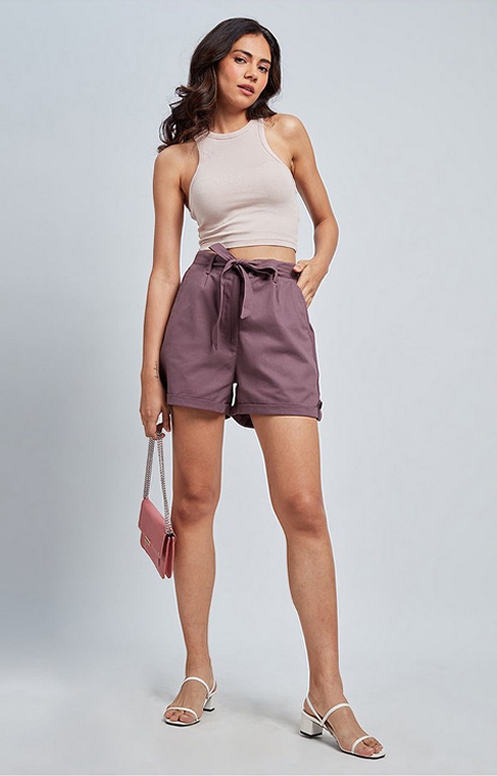 Women's  Mauve Cotton Solid Shorts
