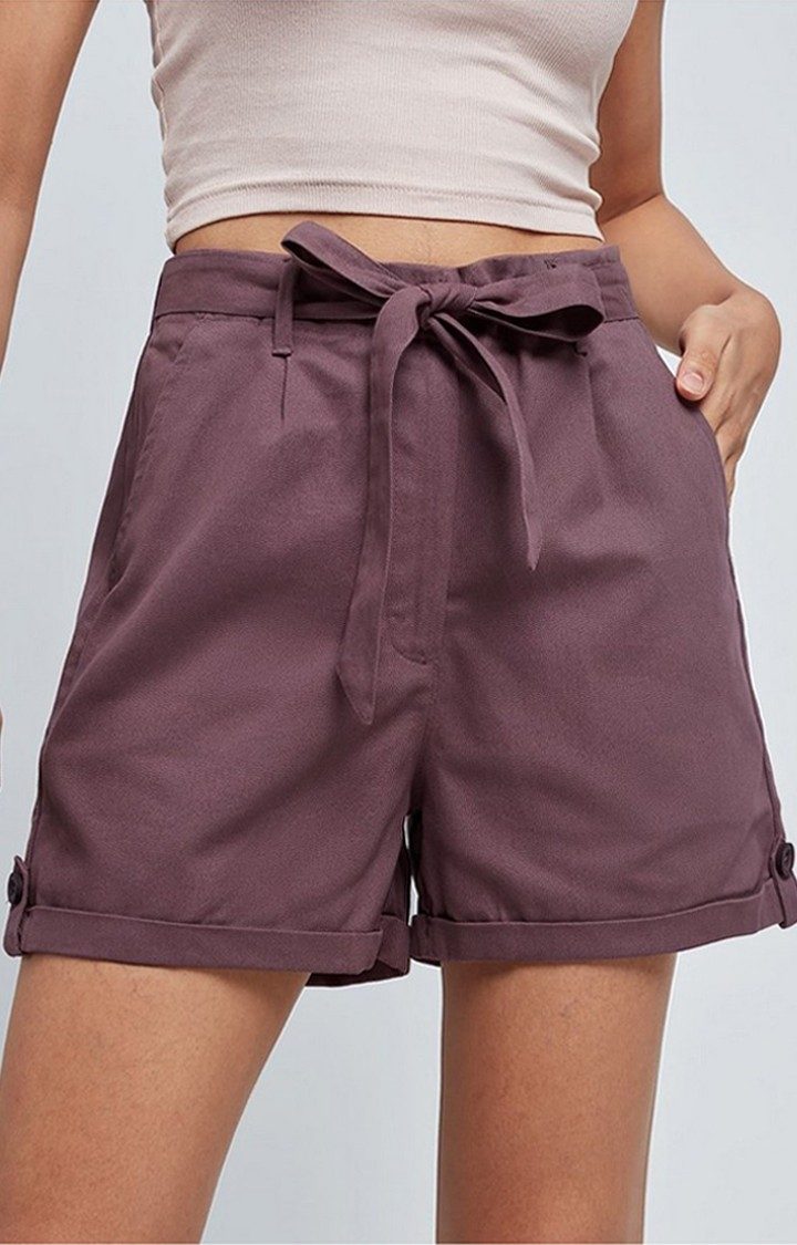 Women's  Mauve Cotton Solid Shorts