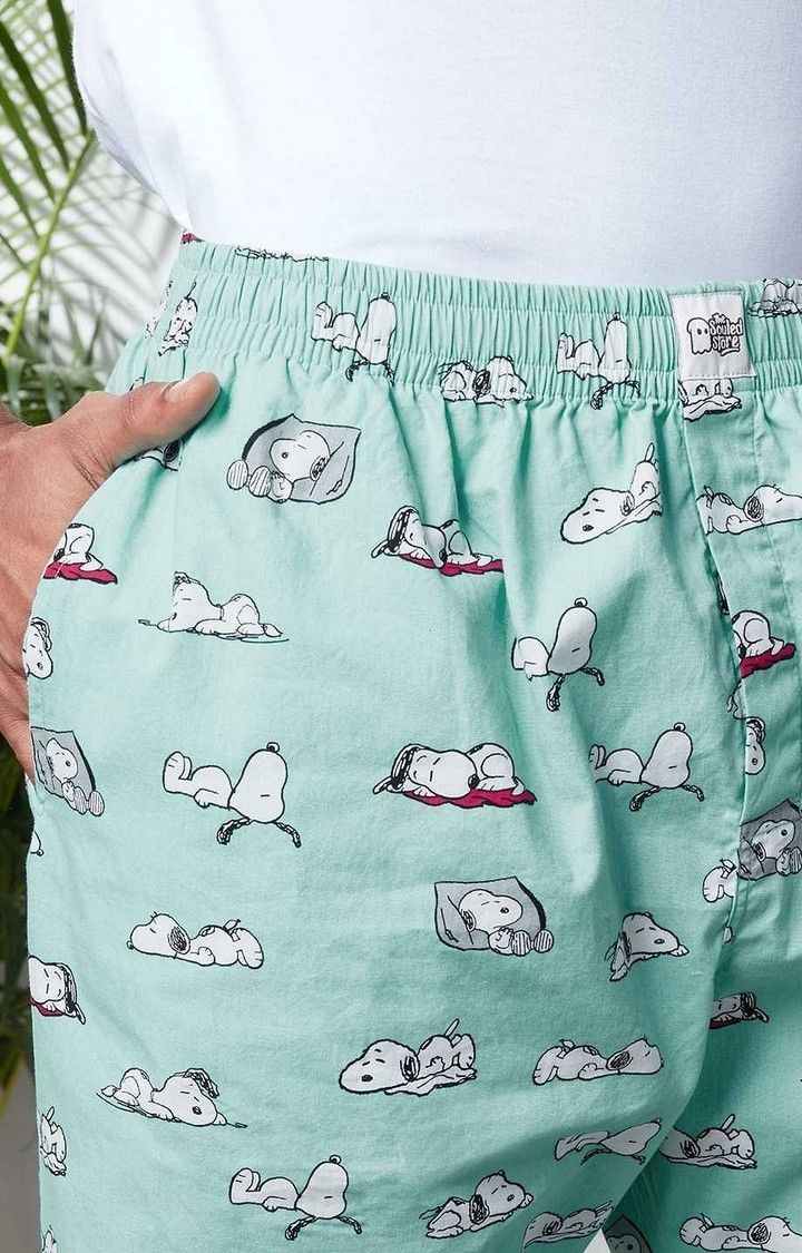 Men's Peanuts Snoopy Doodle Light Green Cotton Printed Trackpant