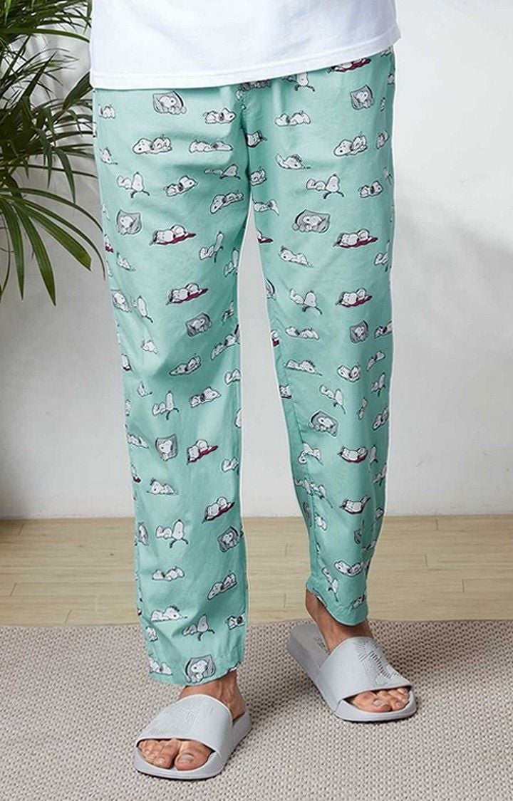 Men's Peanuts Snoopy Doodle Light Green Cotton Printed Trackpant