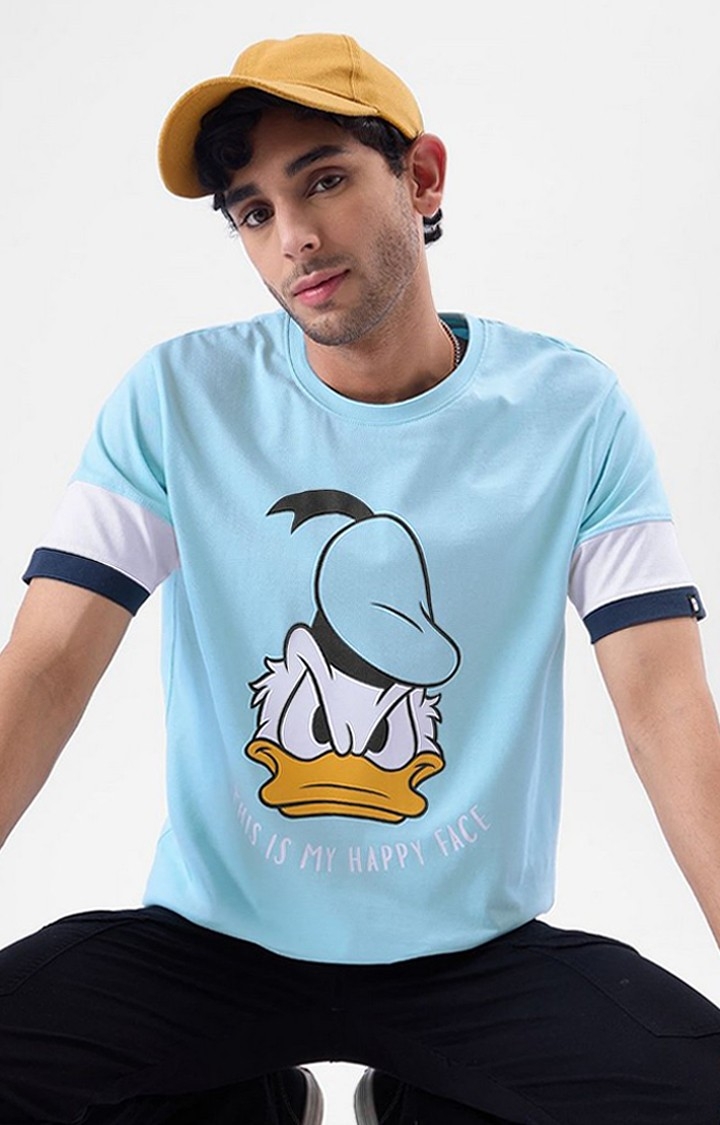 Men's Donald Duck: Happy Face Blue Printed Regular T-Shirt