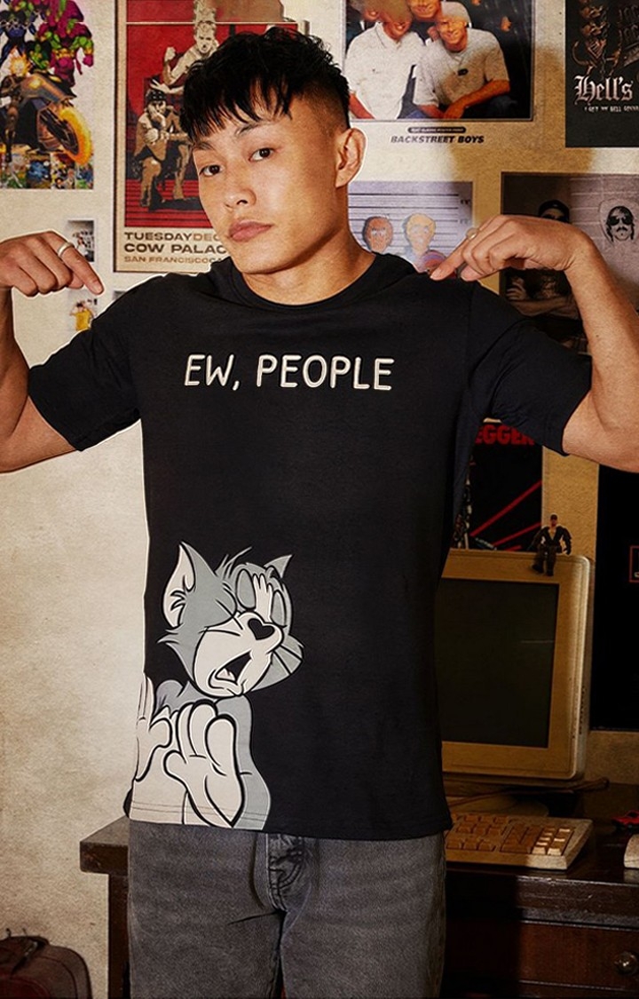 Men's Tom And Jerry: Ew People Black Printed Regular T-Shirt