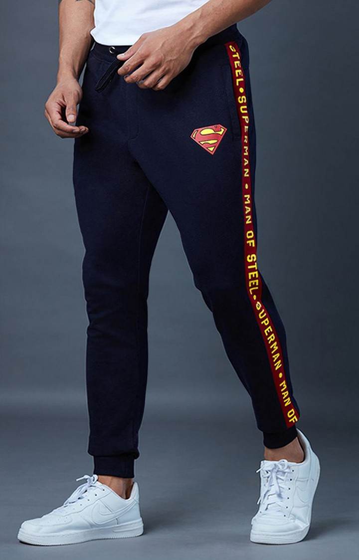 The Souled Store | Men's Superman Man Of Steel Navy Blue Cotton Solid Activewear Joggers