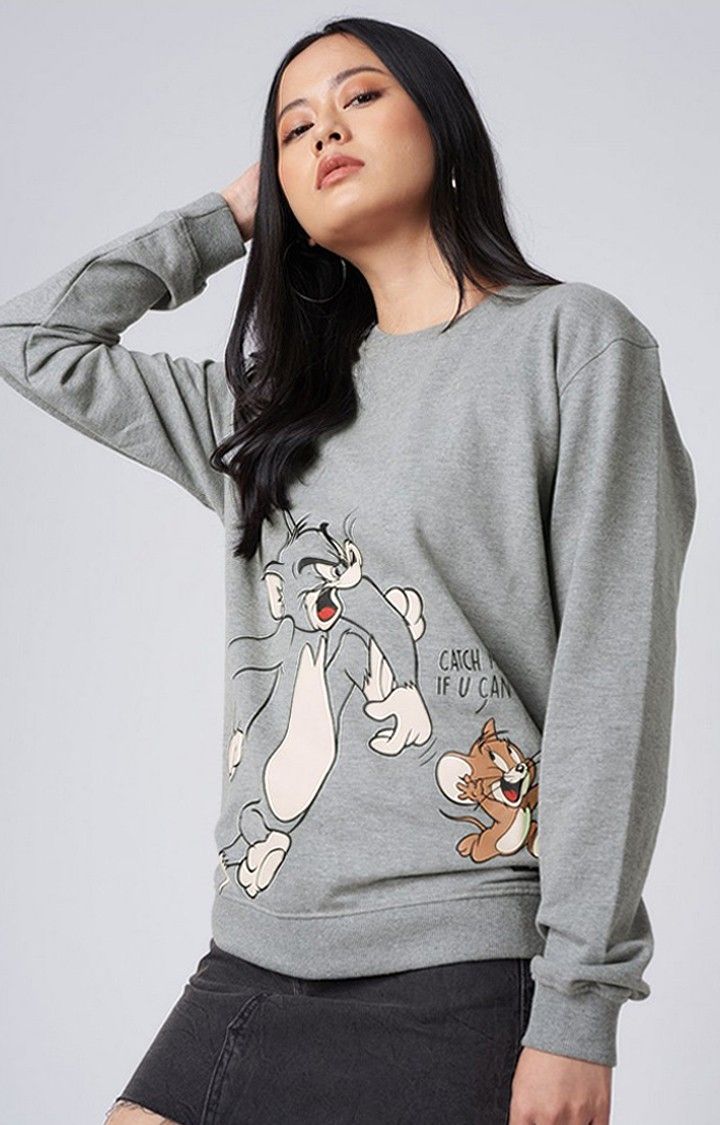 Women's Tom And Jerry: Catch Me If You Can Grey Printed Sweatshirts