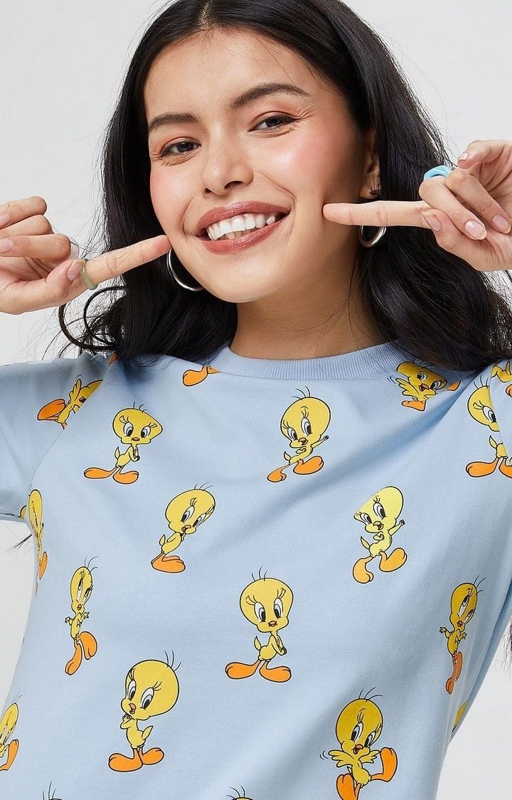 Women's Looney Tunes: Tweety Pattern Blue Printed Shift Dress