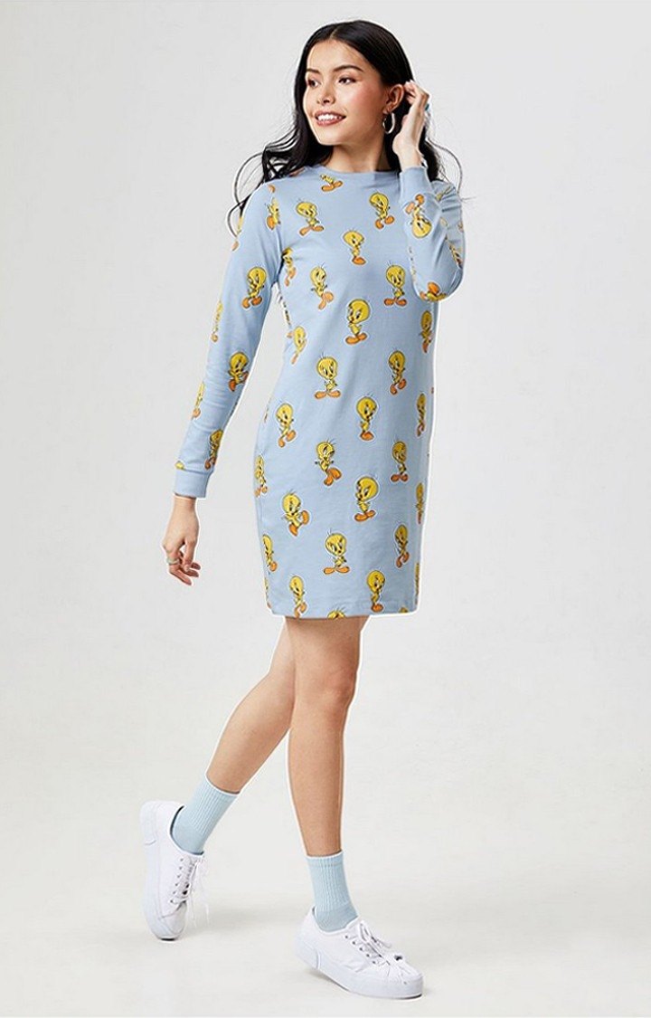 Women's Looney Tunes: Tweety Pattern Blue Printed Shift Dress