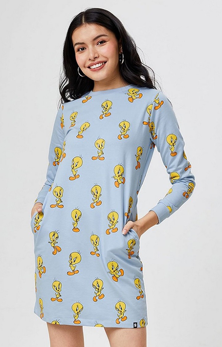 Women's Looney Tunes: Tweety Pattern Blue Printed Shift Dress