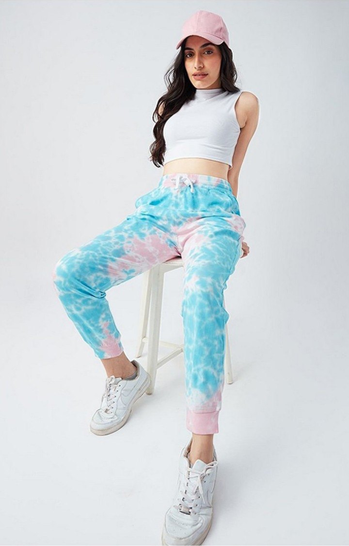 Women's  Blue Cotton Tie Dye Joggers