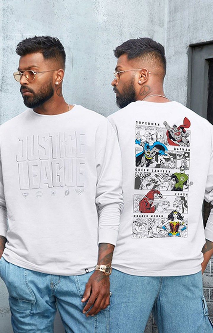 Men's Justice League: Dawn Of Justice White Printed Oversized T-Shirt
