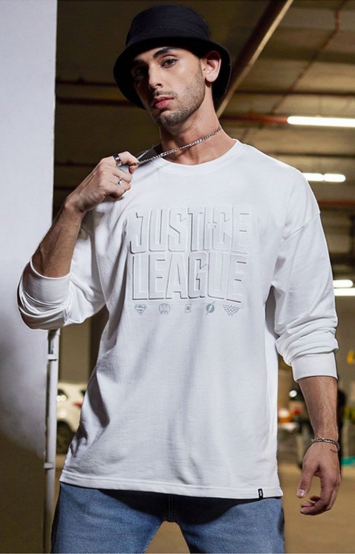 Men's Justice League: Dawn Of Justice White Printed Oversized T-Shirt