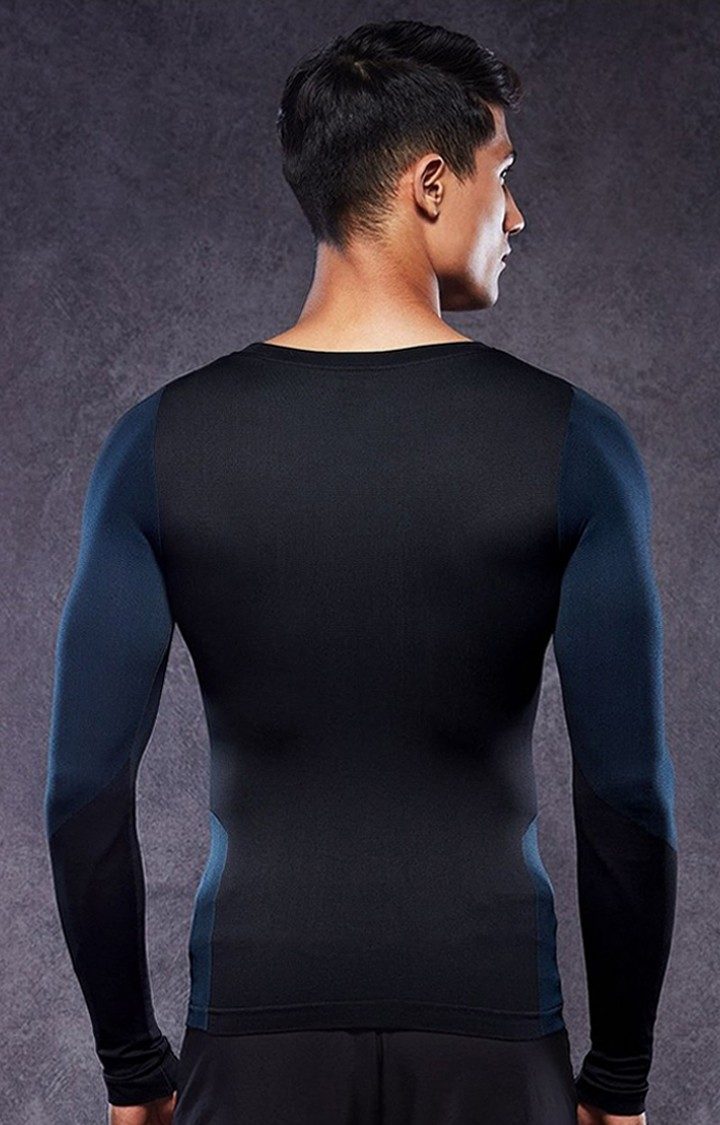 Men's Power Up Black & Blue Solid Activewear T-Shirt