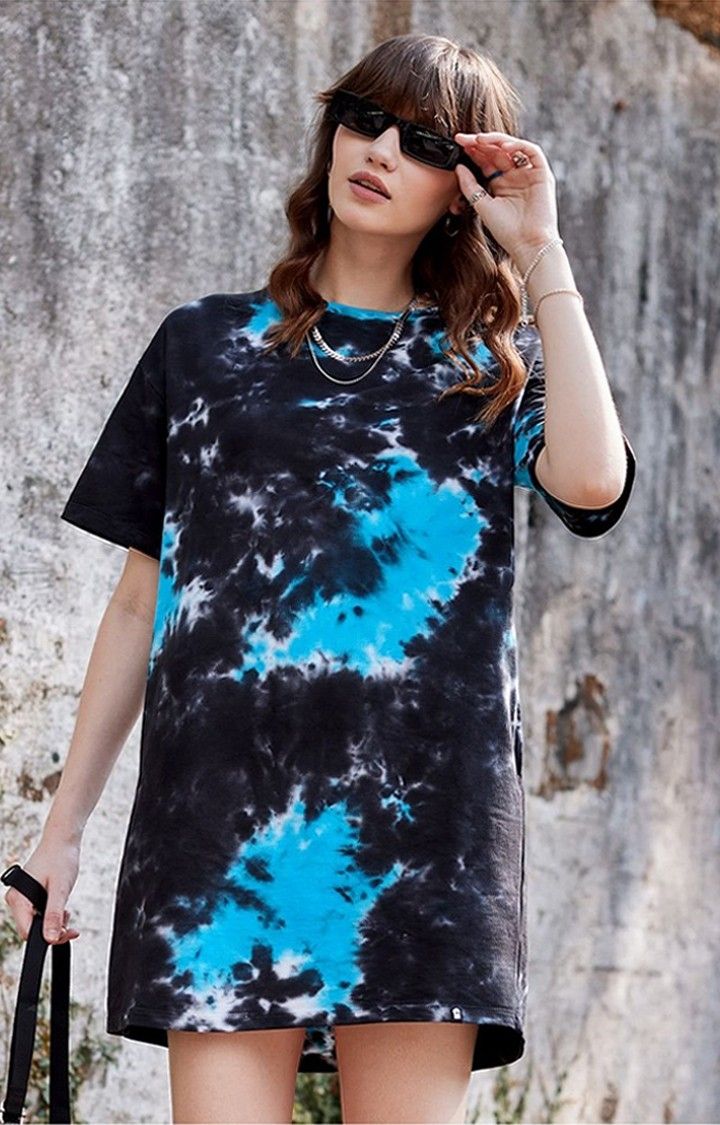 Women's Black & Blue Tie Dye Printed Shift Dress
