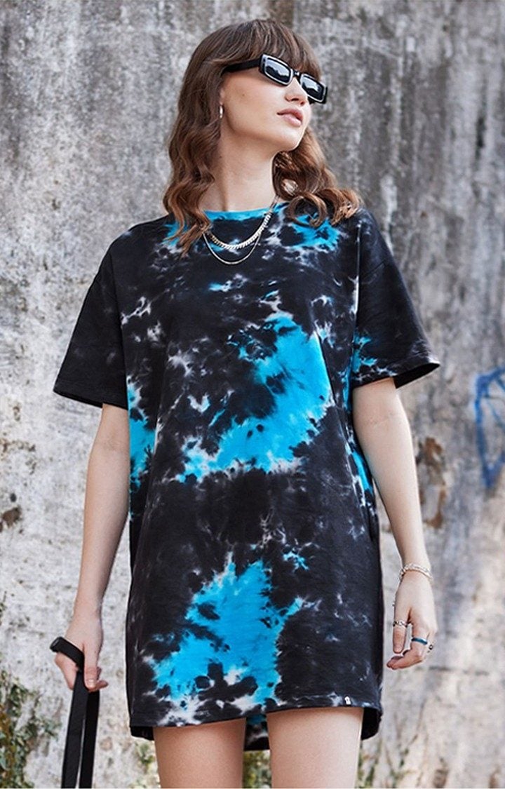 Women's Black & Blue Tie Dye Printed Shift Dress