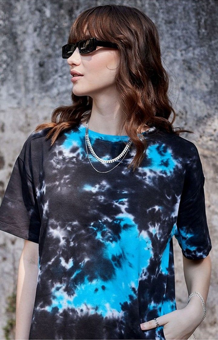 Women's Black & Blue Tie Dye Printed Shift Dress