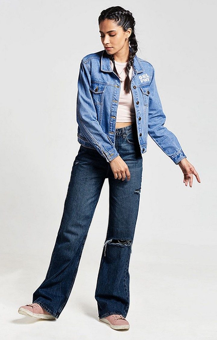 Women s Powerpuff Girls Girl Power Blue Printed Denim Jacket