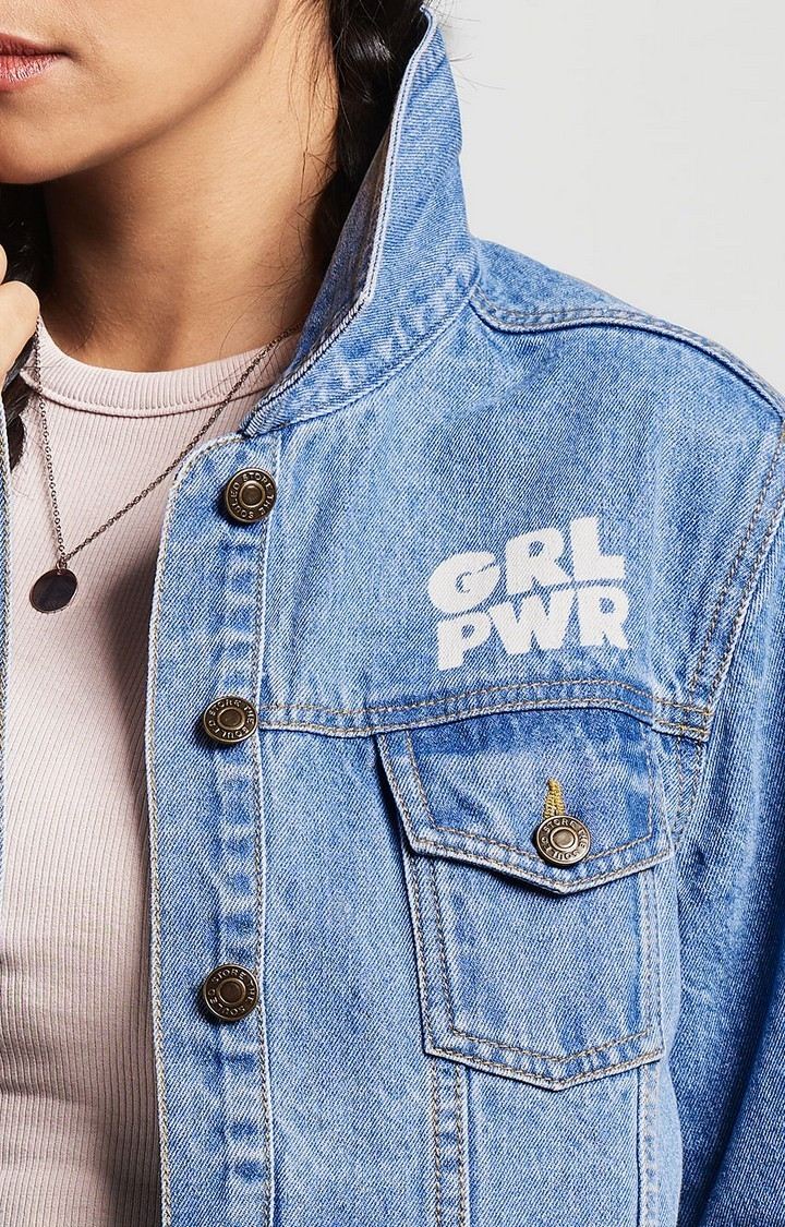 Women's Powerpuff Girls: Girl Power Blue Printed Denim Jacket