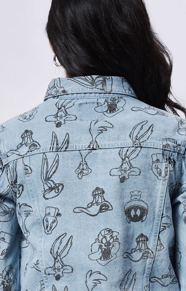 Women's Looney Tunes Blue Printed Denim Jacket