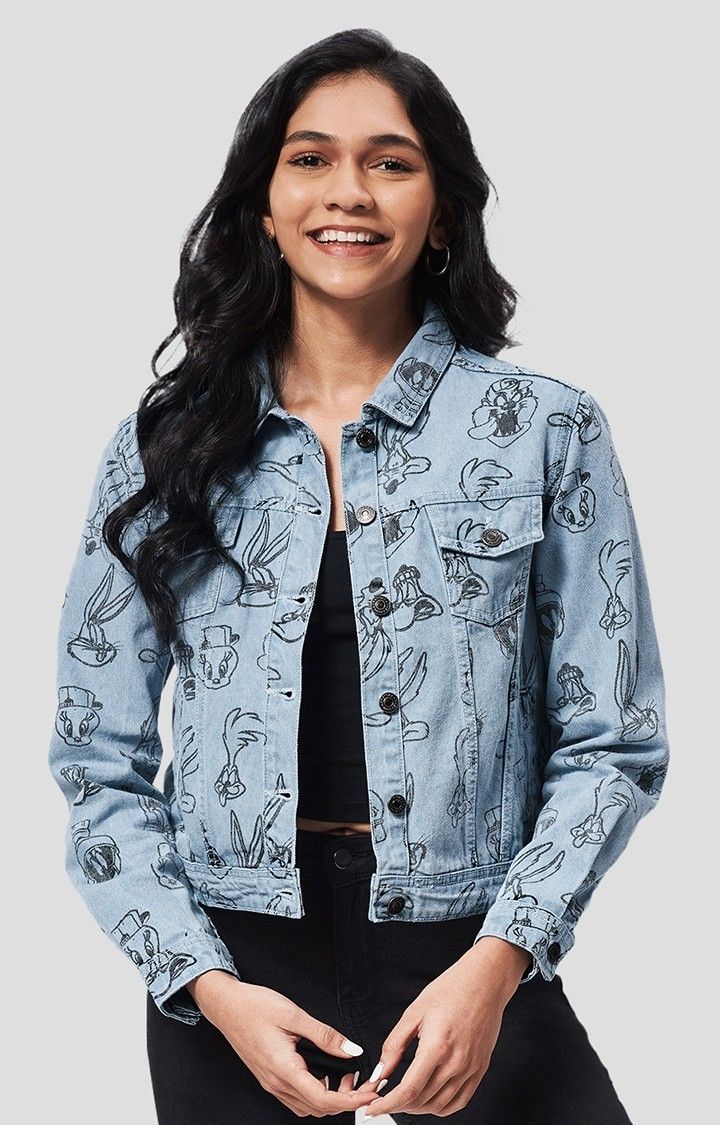 Women's Looney Tunes Blue Printed Denim Jacket