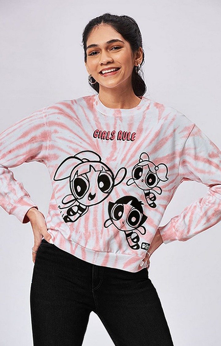 Women's Powerpuff Girls: Girls Rule Pink & White Tie Dye Printed Sweatshirts