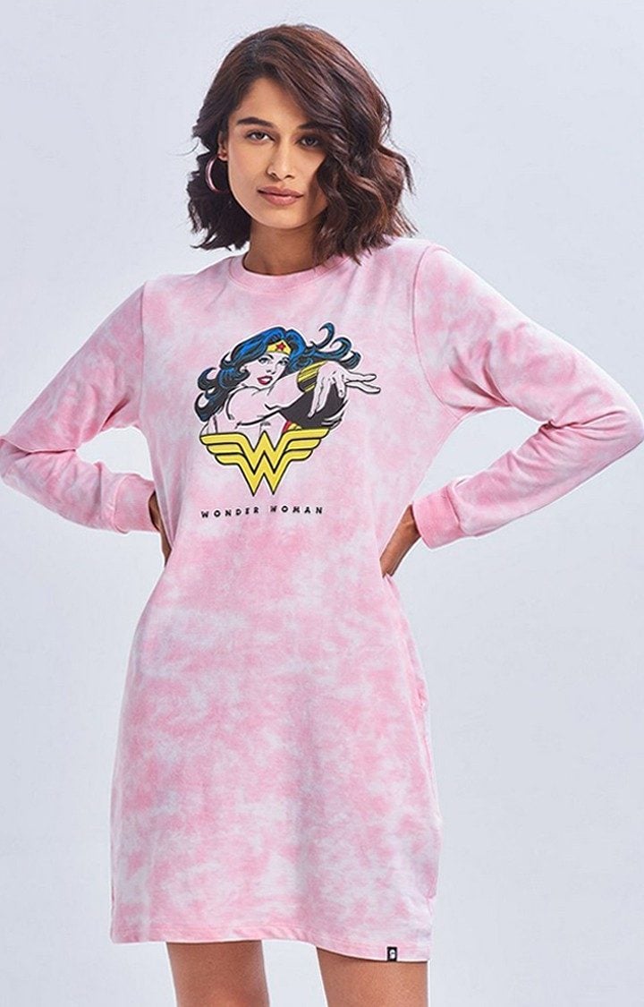 Women's Wonder Woman: Believe In Wonder Pink Tie Dye Printed Shift Dress