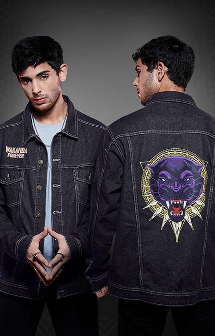 Men s Black Panther Wakanda Forever Black Printed Denim Jacket